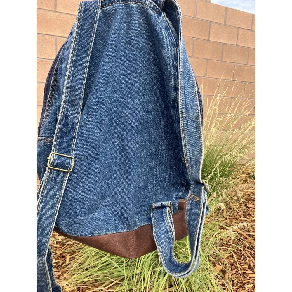 Route 66 Denim Backpack Blue Jean Brown Trim VTG Style RT-66 Travel Bag